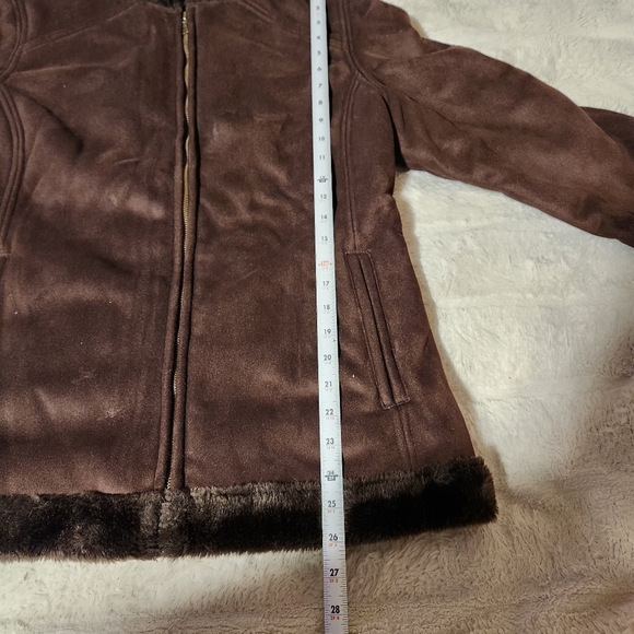 Sonoma Life+Style Womems Sz L Coat Brown Faux Suede & Fur Lined Hooded Pockets - Picture 10 of 12
